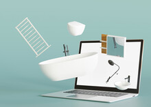 Laptop With Flying Bathroom Details And Sanitary Wares. Shopping Online. Furnishings Sale Or Bathroom Interior Project Concept. Buy Bathtub, Washbasin, Wc Via Internet. E-commerce. 3d Rendering.