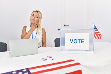 Sticker - Young caucasian woman at america political campaign election touching painful neck, sore throat for flu, clod and infection