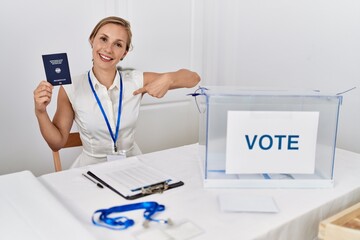 Sticker - Young blonde woman at political campaign election holding germany passport pointing finger to one self smiling happy and proud