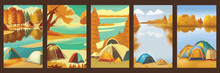 Set Of Vintage Vector Illustrations Camping Site With Tent In Autumn Forest With Lakeside Wildlife, Trees, Mountains. Autumn Mood Vertical Poster That Can Be Used For Print Designs, Greeting Cards