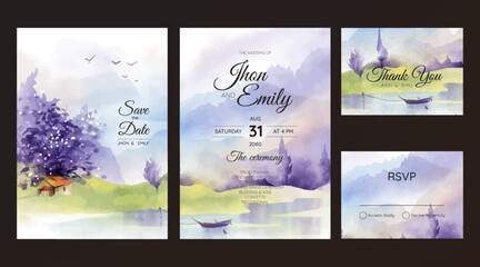 Wall Mural - Beautiful mountain landscape watercolor background on wedding invitation