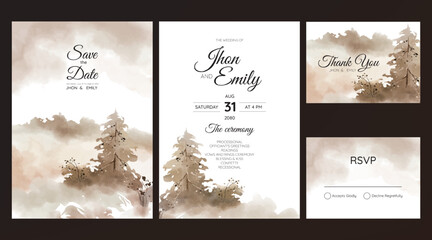 Wall Mural - Beautiful mountain landscape watercolor background on wedding invitation
