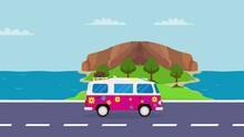 Hippie Van Moving On Road With Seascape Background