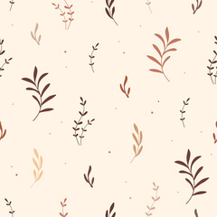 Wall Mural - Seamless pattern with leaves.  Nature art vector background. Boho foliage in pastel colors. Trendy texture for print, textile, fabric, home decor, wall art, social media.
