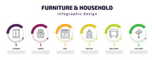 Furniture & Household Infographic Template With Icons And 6 Step Or Option. Furniture & Household Icons Such As Cupboard, Lowboy, Oven, Bird Cage, Table Linens, Coat Stand Vector. Can Be Used For