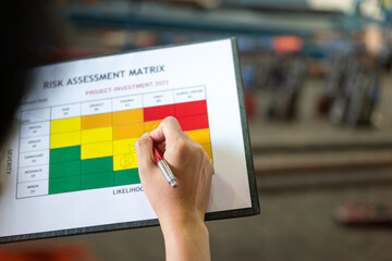 Wall Mural - action of manager is rating on project investment plan risk assessment matrix, decision to reduce ri