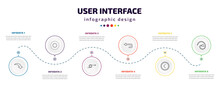 User Interface Infographic Element With Icons And 6 Step Or Option. User Interface Icons Such As Curve Arrow, Selectioned Circle, Loop Arrow, Return Left Arrow, Round Left Button, Curve Line Vector.