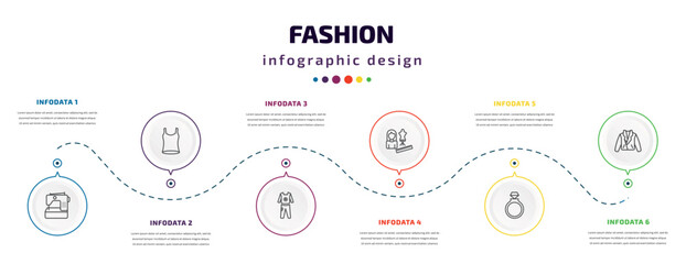 fashion infographic element with icons and 6 step or option. fashion icons such as electrical appliances, women sleeveless shirt, women tracksuit, tailor, fiance, leather jacket vector. can be used