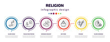 Religion Infographic Template With Icons And 6 Step Or Option. Religion Icons Such As Islamic Wudu, Muslim Man Praying, Ramadan Crescent Moon, Ner Tamid, Crusade, Islamic Ramadan Vector. Can Be Used