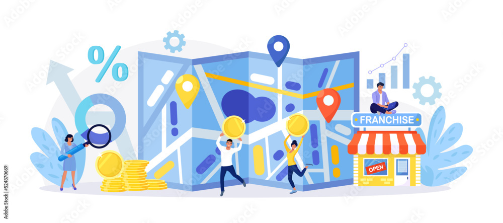 Franchise. Businessman Put Store Location Point on Map. People Start Franchising Enterprise. Business Expansion. Assets Management, Globalization. Market leadership. Successful Shop Branch Opening