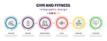 Gym And Fitness Infographic Template With Icons And 6 Step Or Option. Gym And Fitness Icons Such As Sport Wear, Boxing Bag, Running Treadmill, Roller, Fitness Food, Heart Vector. Can Be Used For