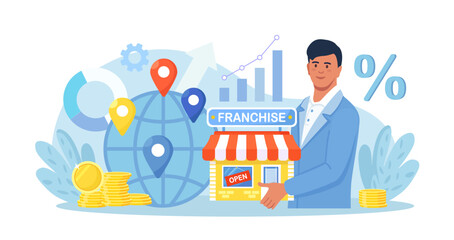 Franchise Marketing System. Man Starts Franchise Small Enterprise, Company with Corporate Headquarter. Expanding Brand Store Network on World Map. Businessman Increase Revenue, Profit with Franchising