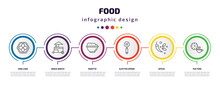 Food Infographic Template With Icons And 6 Step Or Option. Food Icons Such As King Cake, Snack Booth, Risotto, Slotted Spoon, Spices, Tea Time Vector. Can Be Used For Banner, Info Graph, Web,