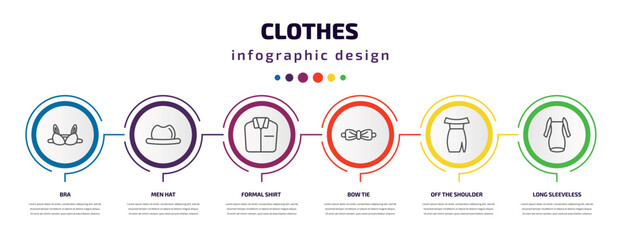 clothes infographic template with icons and 6 step or option. clothes icons such as bra, men hat, formal shirt, bow tie, off the shoulder dress, long sleeveless dress vector. can be used for banner,