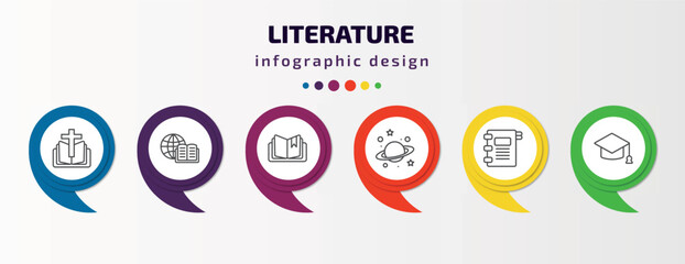 literature infographic template with icons and 6 step or option. literature icons such as bible, international studies, book with marker, planet saturn, agenda with bookmarks, graduation vector. can