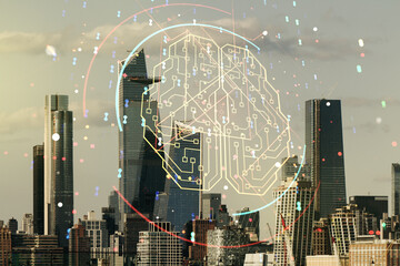 Wall Mural - Double exposure of creative artificial Intelligence interface on New York city skyscrapers background. Neural networks and machine learning concept