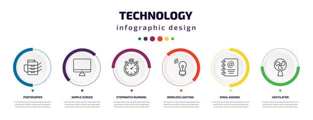 Wall Mural - technology infographic element with icons and 6 step or option. technology icons such as photocopier, simple screen, stopwatch running, wireless lighting, email agenda, ventilator vector. can be