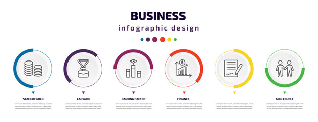 business infographic element with icons and 6 step or option. business icons such as stack of gold, lanyard, ranking factor, finance, , men couple vector. can be used for banner, info graph, web,