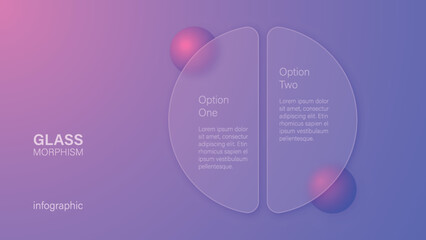 Infographic for 2 options, vector gradient design with realistic frosted glass, glassmorphism effect