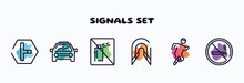 Signals Set Outline Icons Set. Thin Line Icons Such As T Junction, Car Frontal View, No Can, Tunnel, Running, Forbidden Smoking Icon Collection. Can Be Used Web And Mobile.