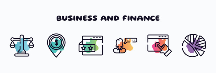 business and finance outline icons set. thin line icons such as justice balance, dollar spot, rating stars, user review, web cursor, pie chart with piece icon collection. can be used web and mobile.