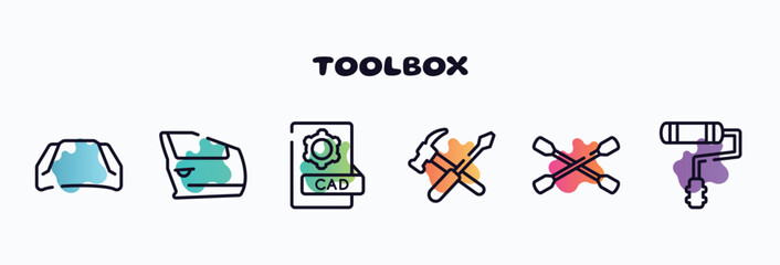 Poster - toolbox outline icons set. thin line icons such as hood, car door, cad, repair tools cross, lug wren