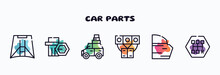 Car Parts Outline Icons Set. Thin Line Icons Such As Car Hood, Car Wheel Nut, Luggage Rack, Manifold, Trim, Gearbox Icon Collection. Can Be Used Web And Mobile.