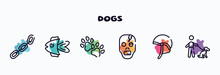 Dogs Outline Icons Set. Thin Line Icons Such As Chains, Fish, Dog Paw, Zombie, Jockey Hat, Dog With Owner Icon Collection. Can Be Used Web And Mobile.