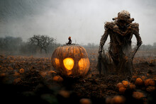 Pumpkinhead Man On Halloween Overcast Misty Day, Neural Network Generated Art. Digitally Generated Image. Not Based On Any Actual Scene Or Pattern.