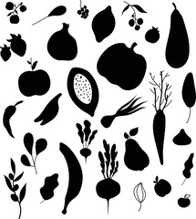 Wall Mural - Vegetables fruits vector Silhouettes
