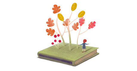 A boy and a book of Autumn tree. Concept idea art of education, imagination, inspiration, creative, and nature, conceptual artwork. 3d illustration. leaves