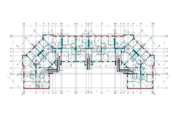 Apartment building detailed architectural technical drawing, vector blueprint floor layout