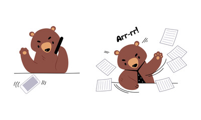 Sticker - Bear character business activities set. Brown wild animal businessman working with papers and talking on phone cartoon vector illustration