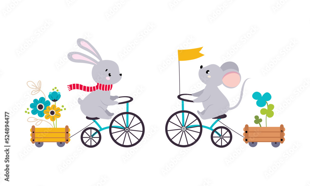 Cute baby animals enjoying ride. Adorable bunny and mouse riding ...