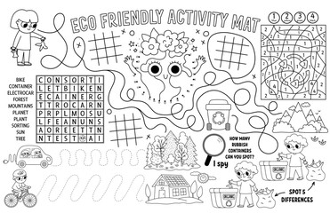 Wall Mural - Vector ecological placemat for kids. Eco awareness printable activity mat with maze, tic tac toe charts, connect the dots, find difference. Earth day black and white play mat or coloring page.