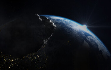 Wall Mural - planet earth from the space at night and asteroid