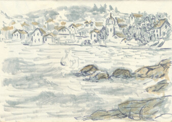  An hand drawn illustration, scanned picture - summer time - village