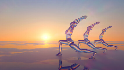 Wall Mural - 3d illustration of a yoga class in the morning on the seashore