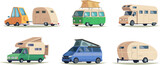 Camping cars. Vintage caravan vehicles for outdoor camp travelling road vacation happy tourism symbols exact vector cartoon pictures