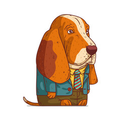 Wall Mural - A Stylish Basset Hound, isolated vector illustration. Funny cartoon picture of a dog wearing a costume. An animal sticker. Simply drawn anthropomorphic basset on white background. A dressed animal.