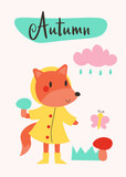 Fototapeta Dinusie - Hand drawn flat autumn illustration with fox and rain. Autumn phrases with cute and cozy design elements decorative bundle. Vector EPS 10