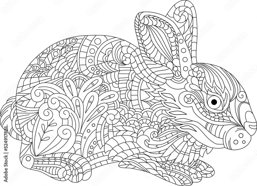 rabbit in doodle style, line drawing for coloring for adults and ...