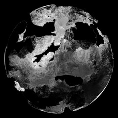 Wall Mural - 3d render of monochrome abstract art black and white damaged 3d ball planet earth , moon or asteroid in spherical shape with big crack in organic rough shape on surface on isolated black background
