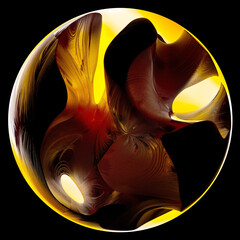 Wall Mural - 3d render of abstract art of surreal 3d ball or sphere planet with smooth wavy curve lines forms gold metal rock surface with glowing yellow contrast light inside on isolated black background 