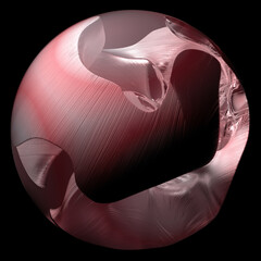 Wall Mural - 3d render of abstract art of surreal 3d ball or sphere planet with smooth wavy curve lines forms rose metal rock surface with glowing light red light inside on isolated black background 