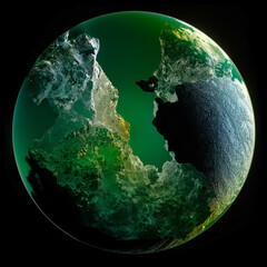 Wall Mural - 3d render of abstract art 3d ball or sphere planet with rough rock surface inside with big crack in the middle with glowing neon emerald green light inside on isolated black background 