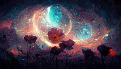 Wall Mural - Fantasy fairy tail abstract wallpaper with galaxy space Universe illustration in background with stars, planets and colorful blue, pink, red, orange, teal, turquoise clouds and sky with milky way