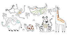 Jungle Safari Animals Characters Doodle Line Art Style Isolated Set Collection. Vector Isolated Graphic Design Illustration