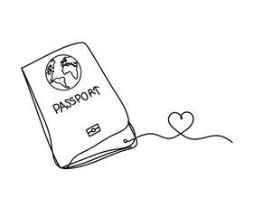 Wall Mural - Passport with heart as line drawing on white background