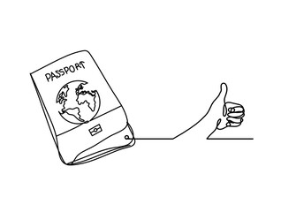 Passport with hand as line drawing on white background